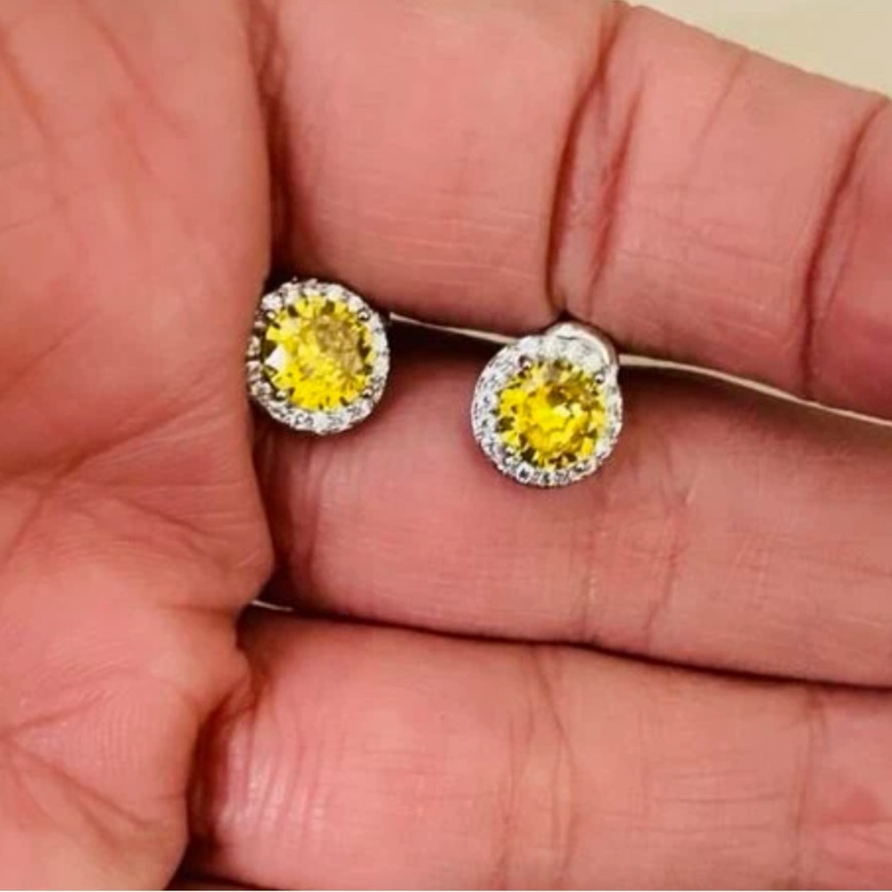 Cubic Zirconia Citrine Yellow, Lab Created Stud Dainty Luxury Glam Earrings - Picture 6 of 9
